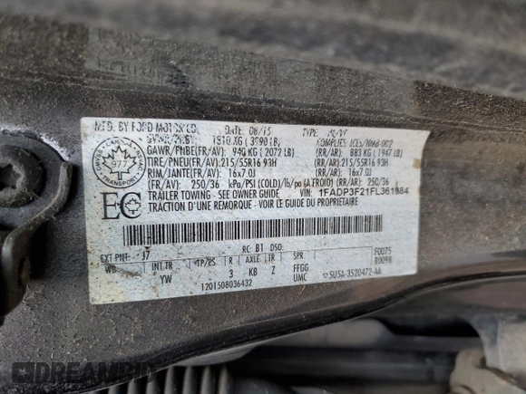 2015 Ford Focus SE with VIN 1FADP3F21FL361984, listed as a Copart auction lot 53647525 with 162,591 mi miles and Salvage Title. Bid and sale history available at carsss.com. Image 12.