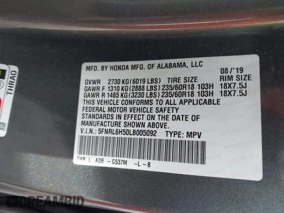 2020 Honda Odyssey EX z VIN 5FNRL6H50LB005092, wystawiony jako IAAI lot #42511025 z przebiegiem 96 185 mil mil oraz . Historia ofert i sprzedaży dostępna na DreamBid. Obrazek 9.