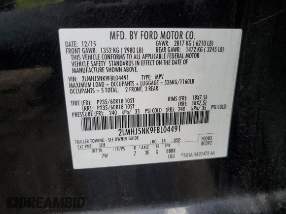2015 Lincoln MKT with VIN 2LMHJ5NK9FBL04491, listed as a Copart auction lot 81691854 with 334,735 mi miles and Non Repairable. Bid and sale history available at DreamBid. Image 14.