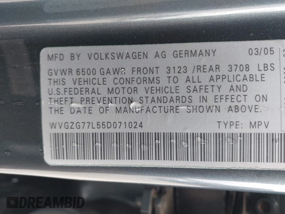 2005 Volkswagen Touareg 3.2L V6 with VIN WVGZG77L55D071024, listed as a IAAI auction lot 42111205 with 204,417 mi miles and . Bid and sale history available at DreamBid. Image 9.