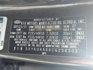 2012 Kia Sorento EX with VIN 5XYKU4A66CG254303, listed as a IAAI auction lot 41905974 with 135,934 mi miles. Bid and sale history available at carsss.com. Image 9.