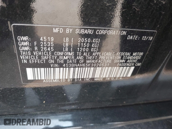 2019 Subaru Legacy Premium with VIN 4S3BNAH65K3020531, listed as a IAAI auction lot 42417501 with 63,370 mi miles and . Bid and sale history available at DreamBid. Image 9.