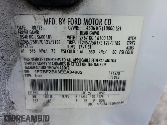 2014 Ford F-250 XL with VIN 1FTBF2B63EEA34982, listed as a Copart auction lot 68757294 with 81,438 mi miles and Clean title. Bid and sale history available at DreamBid. Image 12.