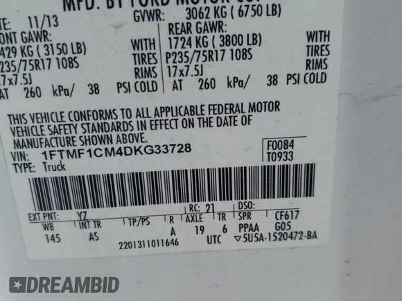 2013 Ford F-150 XL с VIN 1FTMF1CM4DKG33728, выставлен на аукционе Copart как лот 64748875 с пробегом 61 417 миль миль и Списание • Salvage title. История ставок и продаж доступна на DreamBid. Изображение 13.