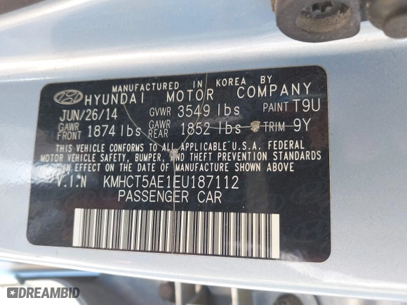 2014 Hyundai Accent GS with VIN KMHCT5AE1EU187112, listed as a IAAI auction lot 41894869 with 100,640 mi miles. Bid and sale history available at carsss.com. Image 9.