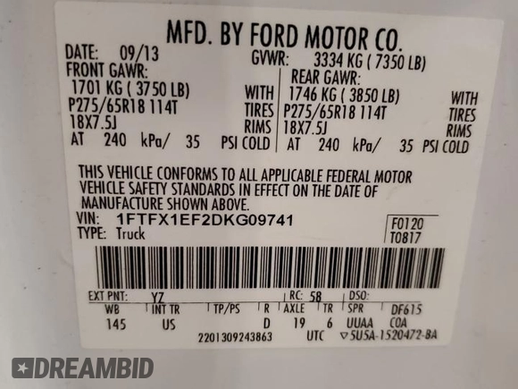 2013 Ford F-150 XL with VIN 1FTFX1EF2DKG09741, listed as a Copart auction lot 61973075 with 339,400 mi miles and Clean title. Bid and sale history available at DreamBid. Image 12.