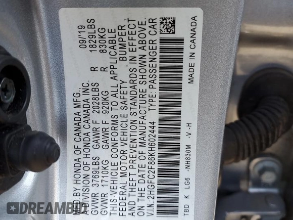 2019 Honda Civic Sport with VIN 2HGFC2F86KH602444, listed as a Copart auction lot 52155755 with 51,477 mi miles and Salvage Title. Bid and sale history available at DreamBid. Image 12.