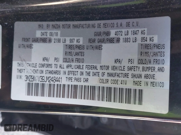 2018 Mazda 3 Touring with VIN 3MZBN1V39JM248441, listed as a IAAI auction lot 41888862 with 92,618 mi miles and . Bid and sale history available at DreamBid. Image 9.