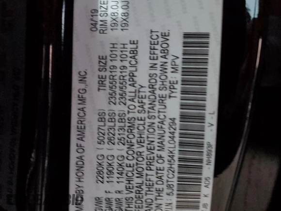 2019 Acura RDX w/Technology Pkg with VIN 5J8TC2H54KL044294, listed as a Copart auction lot 79311143 with 58,005 mi miles. Bid and sale history available at carsss.com. Image 12.
