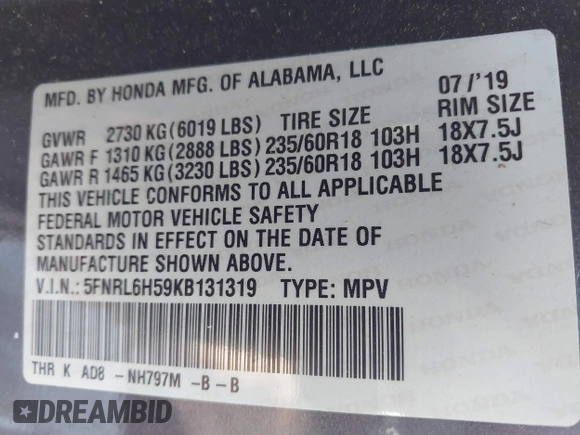 2019 Honda Odyssey EX with VIN 5FNRL6H59KB131319, listed as a IAAI auction lot 41794792 with 58,392 mi miles. Bid and sale history available at carsss.com. Image 9.