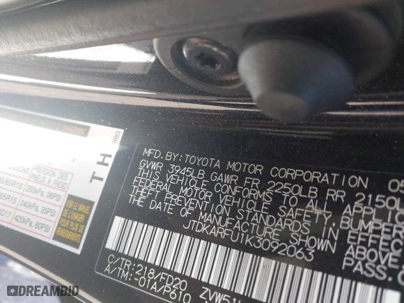 2019 Toyota Prius L Eco with VIN JTDKARFU1K3092063, listed as a IAAI auction lot 41745789 with 169,882 mi miles. Bid and sale history available at carsss.com. Image 9.