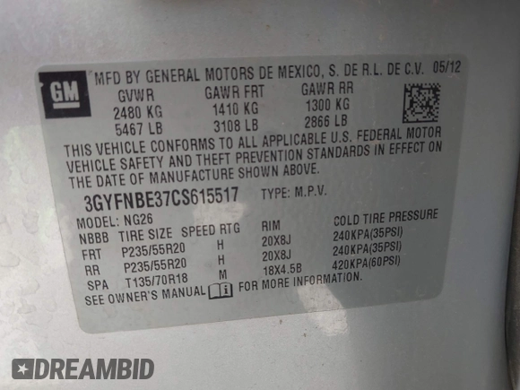 2012 Cadillac SRX Performance Collection with VIN 3GYFNBE37CS615517, listed as a IAAI auction lot 42541029 with 54,159 mi miles and . Bid and sale history available at DreamBid. Image 9.