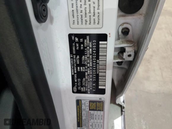 2013 Kia Optima SX with VIN 5XXGR4A64DG243653, listed as a Copart auction lot 51223135 with 137,854 mi miles and Salvage Title. Bid and sale history available at carsss.com. Image 12.