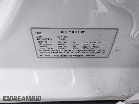 2023 Tesla Model Y Long Range with VIN 7SAYGDEE9PA026005, listed as a IAAI auction lot 41895223 with 43,813 mi miles and . Bid and sale history available at DreamBid. Image 9.