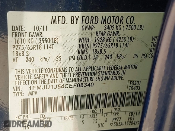 2012 Ford Expedition XLT with VIN 1FMJU1J54CEF08340, listed as a IAAI auction lot 42405010 with Not provided miles and . Bid and sale history available at DreamBid. Image 9.