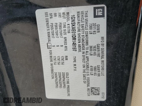 2013 Chevrolet Tahoe LS с VIN 1GNSKAE01DR148197, выставлен на аукционе Copart как лот 52499125 с пробегом 170 060 миль миль и Списание • Salvage title. История ставок и продаж доступна на DreamBid. Изображение 15.