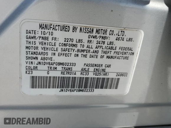 2011 Infiniti G25 with VIN JN1DV6AP0BM602333, listed as a Copart auction lot 62570235 with 231,317 mi miles and Salvage title. Bid and sale history available at DreamBid. Image 13.