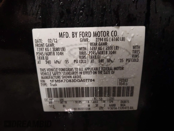 2013 Ford Explorer XLT with VIN 1FM5K7D83DGA07784, listed as a IAAI auction lot 41864249 with 324,305 mi miles and . Bid and sale history available at DreamBid. Image 9.