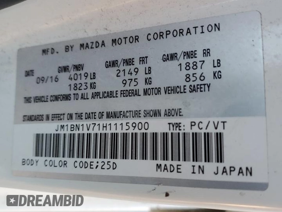 2017 Mazda 3 Touring with VIN JM1BN1V71H1115900, listed as a Copart auction lot 88363055 with Not Provided miles and Salvage Title. Bid and sale history available at DreamBid. Image 12.