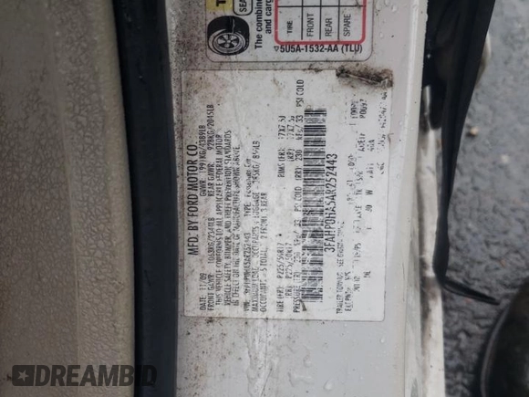 2010 Ford Fusion SE with VIN 3FAHP0HA5AR252443, listed as a Copart auction lot 51155935 with 320,416 mi miles and Salvage Title. Bid and sale history available at carsss.com. Image 13.