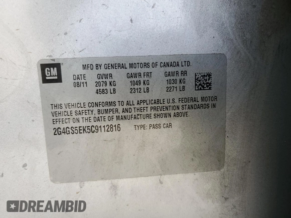 2012 Buick Regal Premium 1 with VIN 2G4GS5EK5C9112816, listed as a Copart auction lot 43335595 with 187,781 mi miles and Salvage title. Bid and sale history available at DreamBid. Image 12.