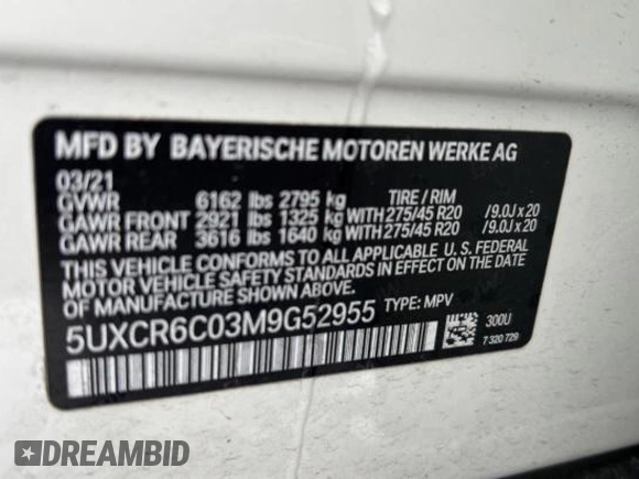 2021 BMW X5 xDrive40i with VIN 5UXCR6C03M9G52955, listed as a Copart auction lot 41009913 with 7,476 mi miles. Bid and sale history available at carsss.com. Image 10.