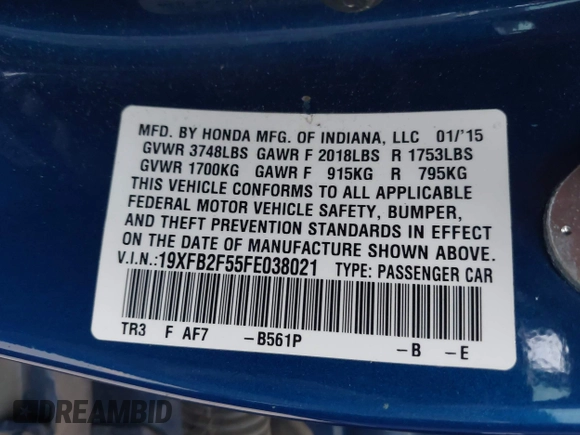 2015 Honda Civic LX with VIN 19XFB2F55FE038021, listed as a IAAI auction lot 42046984 with 109,155 mi miles. Bid and sale history available at carsss.com. Image 9.