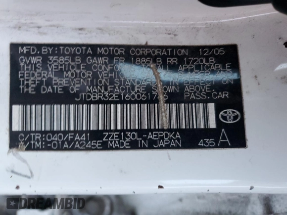 2006 Toyota Corolla CE with VIN JTDBR32E160061746, listed as a Copart auction lot 43189715 with 137,140 mi miles and Salvage Title. Bid and sale history available at DreamBid. Image 12.
