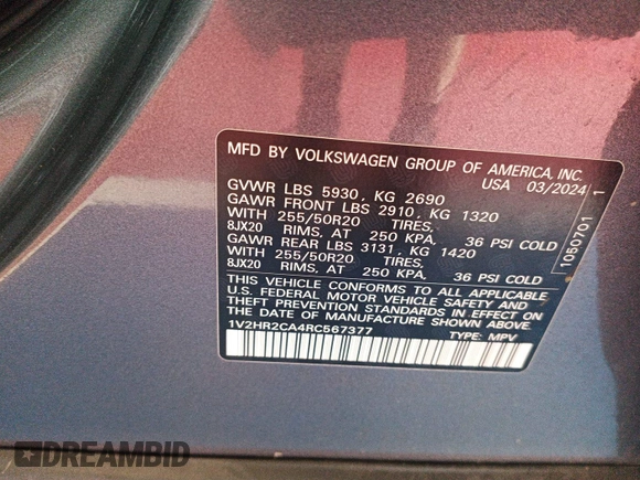 2024 Volkswagen Atlas SE with VIN 1V2HR2CA4RC567377, listed as a IAAI auction lot 42845567 with 16,658 mi miles and . Bid and sale history available at DreamBid. Image 20.
