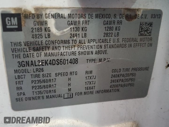 2013 Chevrolet Captiva Sport LT with VIN 3GNAL3EK4DS601408, listed as a Copart auction lot 77042154 with 125,288 mi miles and Clean Title. Bid and sale history available at DreamBid. Image 13.