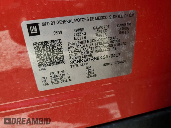 2019 Chevrolet Blazer with VIN 3GNKBGRS9KS676417, listed as a Copart auction lot 58323135 with 38,257 mi miles and Clean title. Bid and sale history available at DreamBid. Image 13.