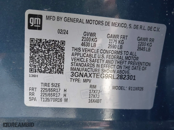 2024 Chevrolet Equinox LT with VIN 3GNAXTEG9RL282301, listed as a IAAI auction lot 41469506 with 15,578 mi miles. Bid and sale history available at carsss.com. Image 9.