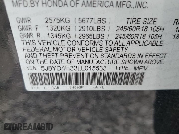 2020 Acura MDX with VIN 5J8YD4H33LL045533, listed as a Copart auction lot 59748405 with 41,649 mi miles and Salvage title. Bid and sale history available at DreamBid. Image 13.