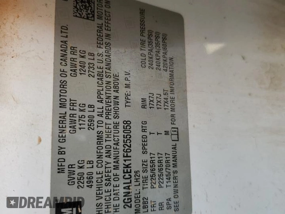 2015 Chevrolet Equinox LT with VIN 2GNALCEK1F6255058, listed as a Copart auction lot 82696964 with 105,616 mi miles and Salvage Title. Bid and sale history available at DreamBid. Image 13.