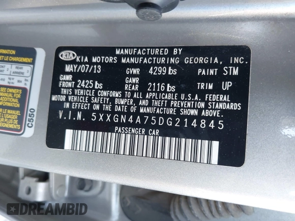 2013 Kia Optima EX with VIN 5XXGN4A75DG214845, listed as a IAAI auction lot 42026630 with 161,476 mi miles. Bid and sale history available at carsss.com. Image 9.