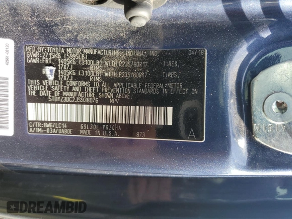 2018 Toyota Sienna XLE Auto Access Seat с VIN 5TDYZ3DC2JS938076, выставлен на аукционе Copart как лот 55226985 с пробегом 222 834 миль миль и Списание • Salvage title. История ставок и продаж доступна на DreamBid. Изображение 13.