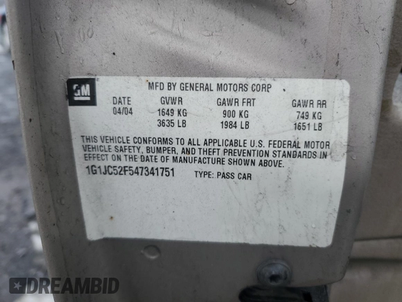 2004 Chevrolet Cavalier with VIN 1G1JC52F547341751, listed as a Copart auction lot 82178384 with 69,113 mi miles and Salvage Title. Bid and sale history available at carsss.com. Image 12.
