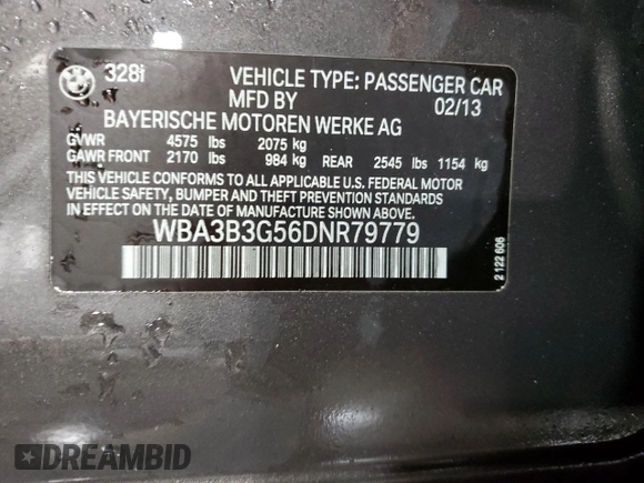 2013 BMW 3 Series 328i xDrive with VIN WBA3B3G56DNR79779, listed as a Copart auction lot 87406574 with 0 mi miles and Salvage Title. Bid and sale history available at carsss.com. Image 12.