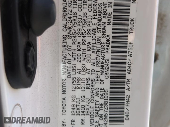 2007 Toyota Tacoma with VIN 5TELU42N57Z381095, listed as a Copart auction lot 50397415 with 44,492 mi miles and Salvage Title. Bid and sale history available at DreamBid. Image 12.