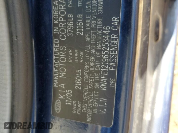 2006 Kia Spectra EX with VIN KNAFE121965253446, listed as a Copart auction lot 53084675 with 195,488 mi miles and Salvage Title. Bid and sale history available at DreamBid. Image 12.