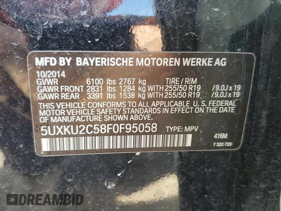 2015 BMW X6 xDrive35i with VIN 5UXKU2C58F0F95058, listed as a Copart auction lot 58367913 with 115,239 mi miles. Bid and sale history available at carsss.com. Image 13.
