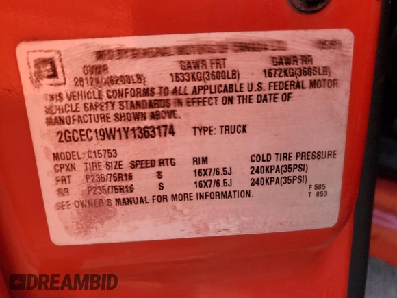 2000 Chevrolet Silverado 1500 with VIN 2GCEC19W1Y1363174, listed as a Copart auction lot 72973024 with Not Provided miles and Salvage Title. Bid and sale history available at DreamBid. Image 14.