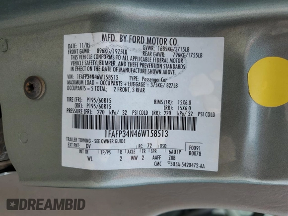 2006 Ford Focus S z VIN 1FAFP34N46W158513, wystawiony jako Copart lot #45229755 z przebiegiem 149 811 mil mil oraz Szkoda całkowita • Salvage title. Historia ofert i sprzedaży dostępna na DreamBid. Obrazek 12.