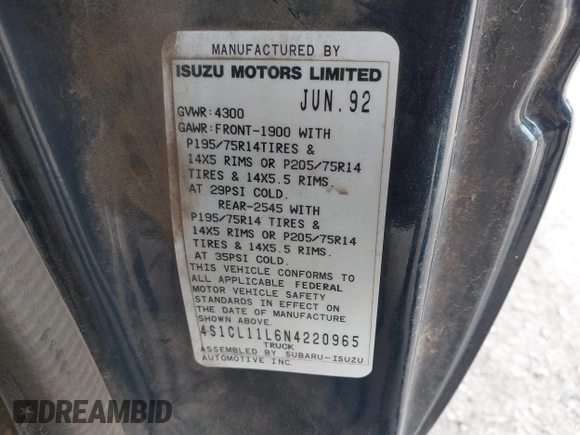 1992 Isuzu Pickup S z VIN 4S1CL11L6N4220965, wystawiony jako IAAI lot #41884618 z przebiegiem 212 385 mil mil oraz . Historia ofert i sprzedaży dostępna na DreamBid. Obrazek 9.