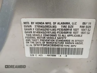 2012 Honda Pilot EX-L with VIN 5FNYF3H5XCB004016, listed as a IAAI auction lot 42059035 with 201,888 mi miles and . Bid and sale history available at carsss.com. Image 9.