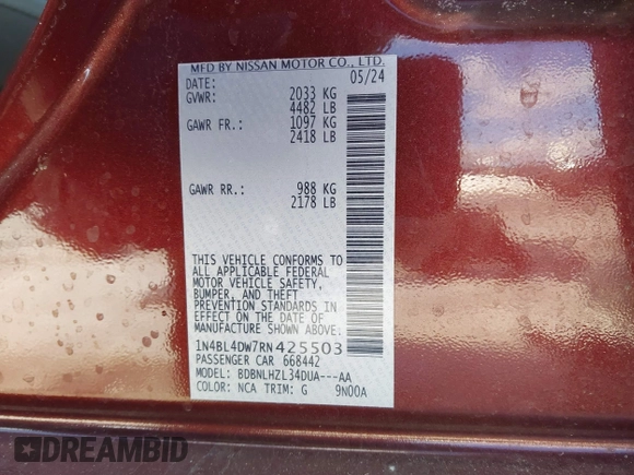 2024 Nissan Altima 2.5 SV with VIN 1N4BL4DW7RN425503, listed as a IAAI auction lot 41605971 with 5,881 mi miles. Bid and sale history available at carsss.com. Image 9.