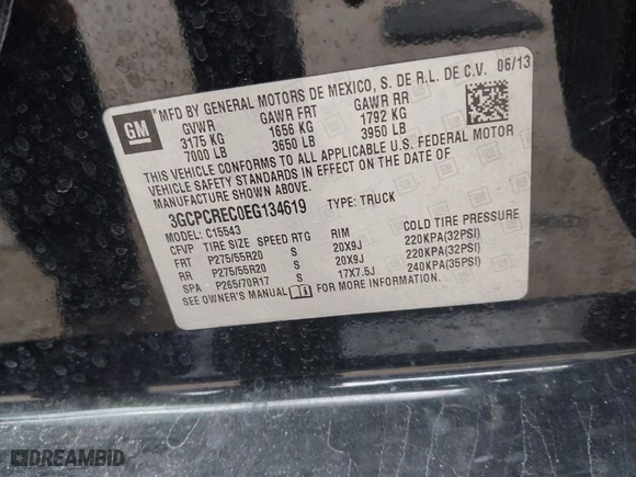 2014 Chevrolet Silverado 1500 LT with VIN 3GCPCREC0EG134619, listed as a IAAI auction lot 41536498 with 165,227 mi miles. Bid and sale history available at carsss.com. Image 9.