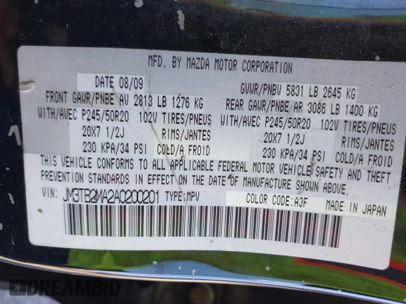 2010 Mazda CX-9 Touring with VIN JM3TB2MA2A0200201, listed as a IAAI auction lot 41631321 with 264,210 mi miles and . Bid and sale history available at DreamBid. Image 9.