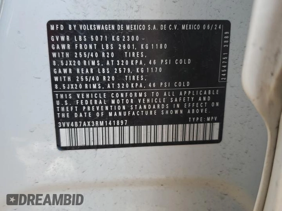 2024 Volkswagen Tiguan SEL R-Line с VIN 3VV4B7AX3RM141897, выставлен на аукционе Copart как лот 52227155 с пробегом 12 988 миль миль и Списание • Salvage title. История ставок и продаж доступна на DreamBid. Изображение 15.