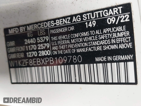 2023 Mercedes-Benz E 350 with VIN W1KZF8EBXPB109780, listed as a IAAI auction lot 41602205 with 23,079 mi miles and . Bid and sale history available at DreamBid. Image 9.